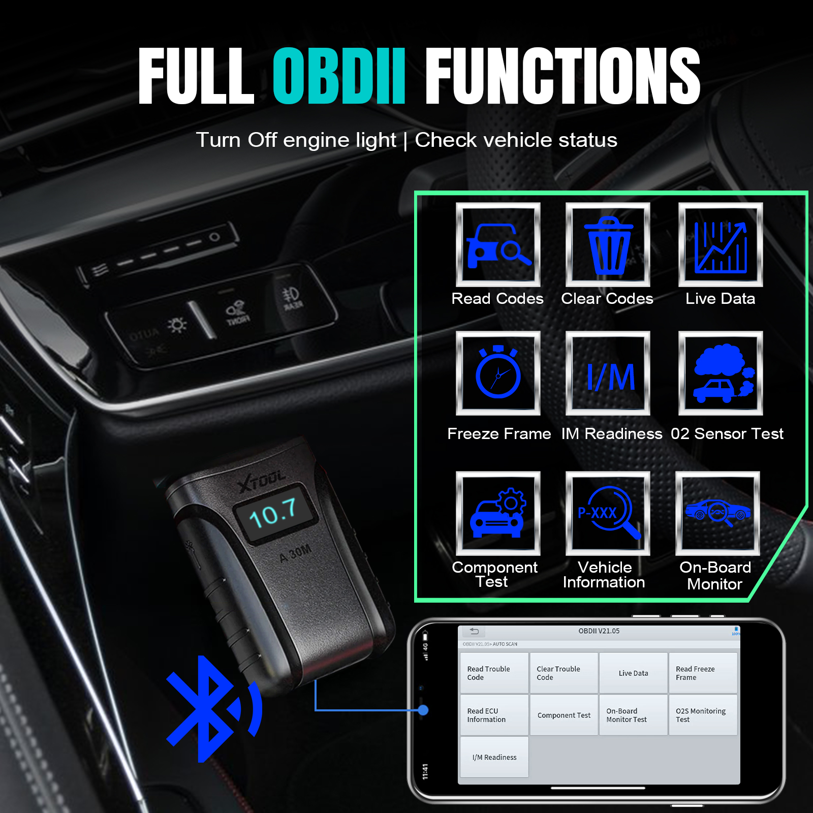 OBD2 Bluetooth Scanner Code Reader Reset for iOS Android, Auto Car